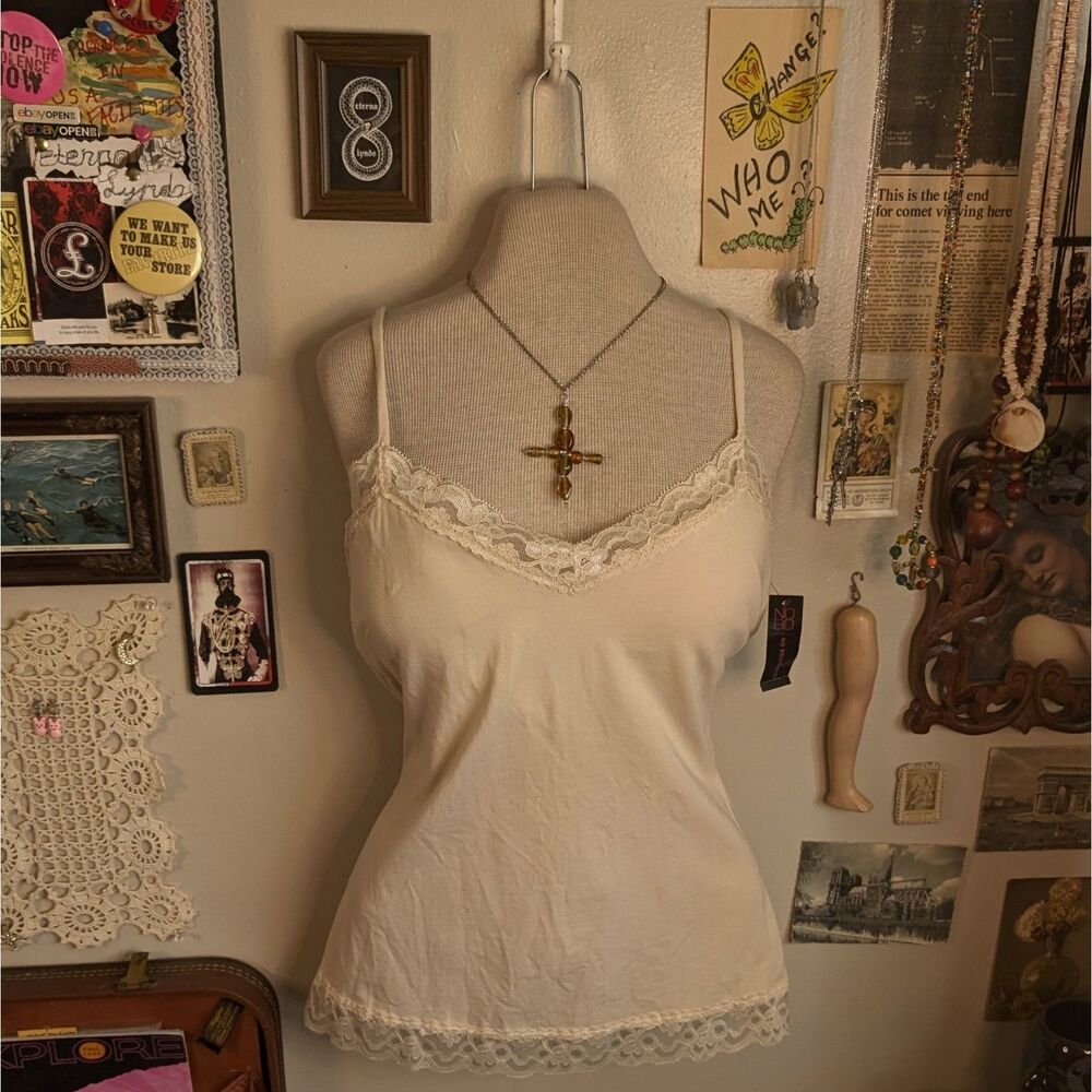 Y2K Lace Trim Tank Women's XL Beige Padded Built-In Bra